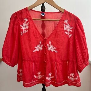 Old Navy Red/Pink V-Neck Embroidered Peplum Blouse